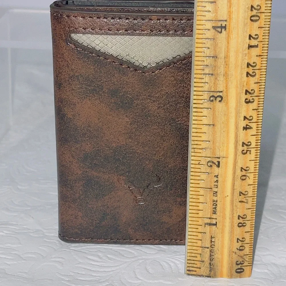 Mens Pop Up AirTag Wallet OS Brown Distressed RFID Trifold Slim